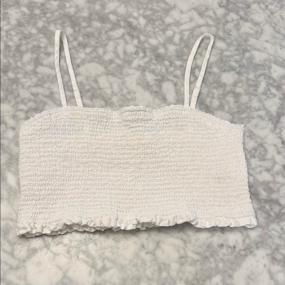 C&C California White Smocked Ruffle Crop Tank